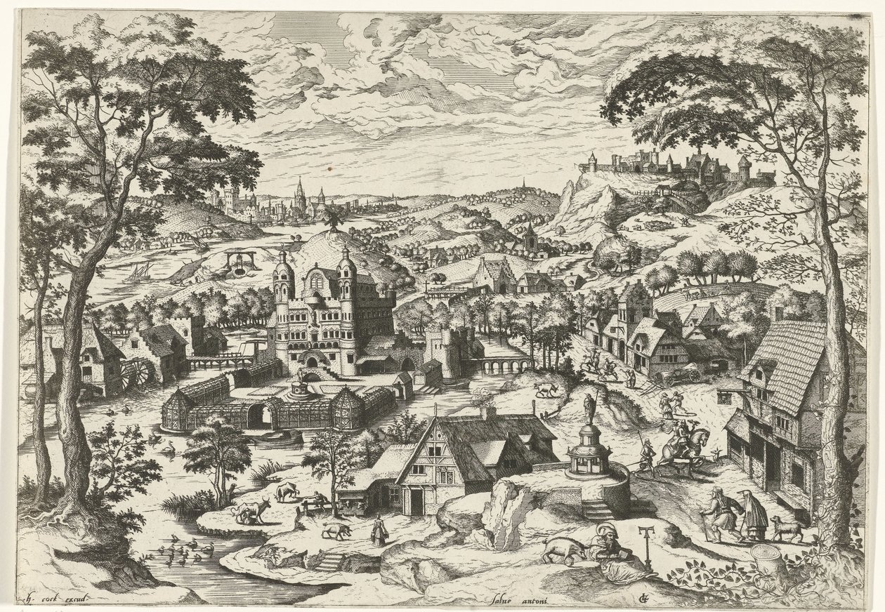 Pejzaż ze św. Antonim Salve Antoni (tytuł na obiekcie) Krajobrazy z opowieściami chrześcijańskimi (tytuł serii) autorstwa Johannes of Lucas van Doetechum