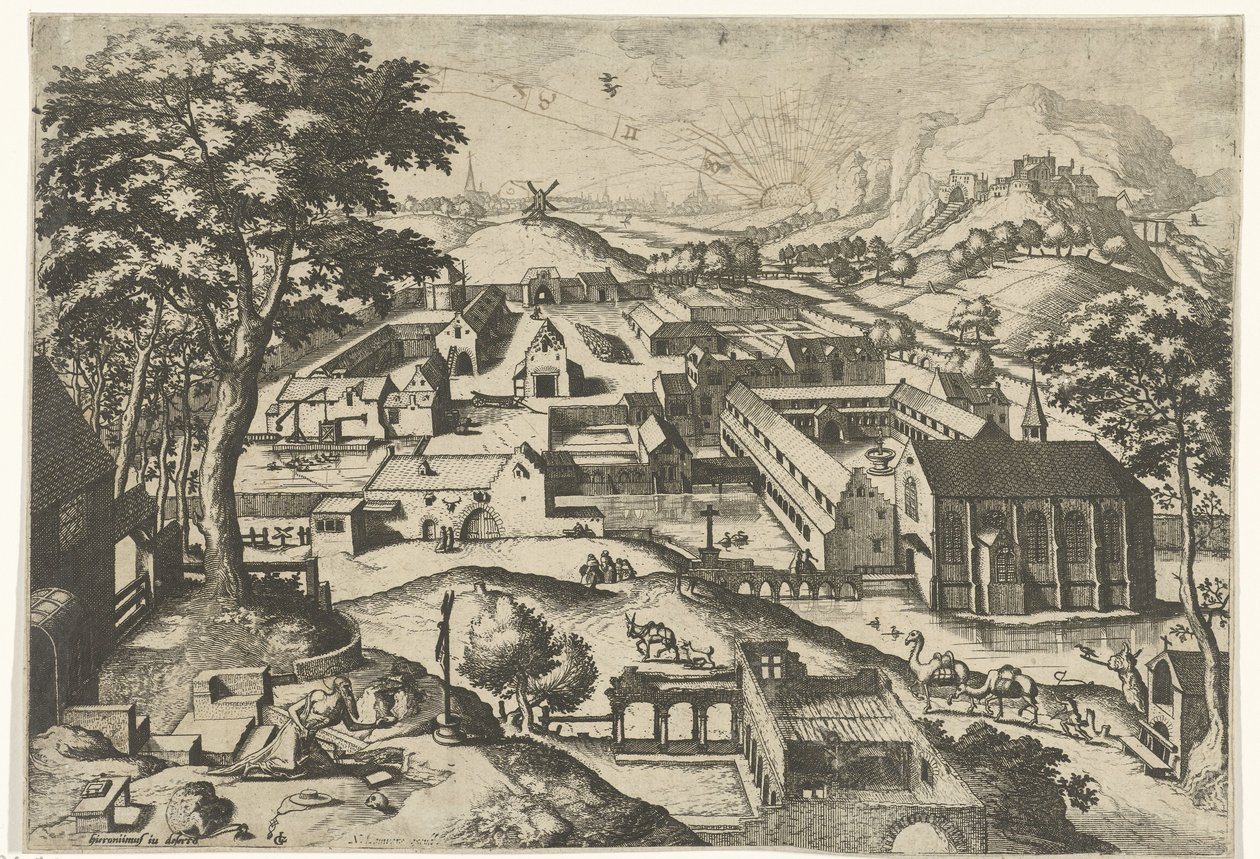 Krajobraz ze Świętym Hieronimem hieronimus in deserto (tytuł na obiekcie) Krajobrazy z opowieściami chrześcijańskimi (tytuł serii) autorstwa Johannes of Lucas van Doetechum