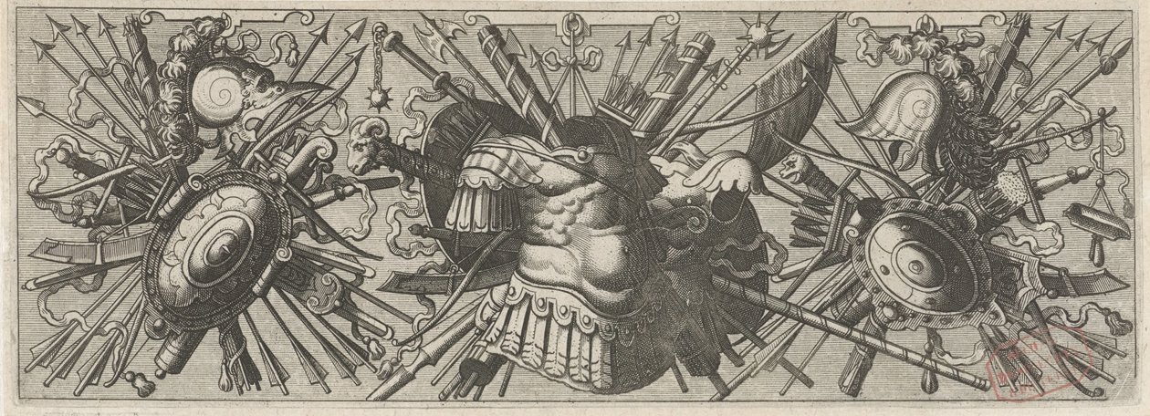 Panoplia. Fryz z rzymskimi ramionami, dolna część Panoplia sev armamentarium… (tytuł serii) autorstwa Johannes of Lucas van Doetechum