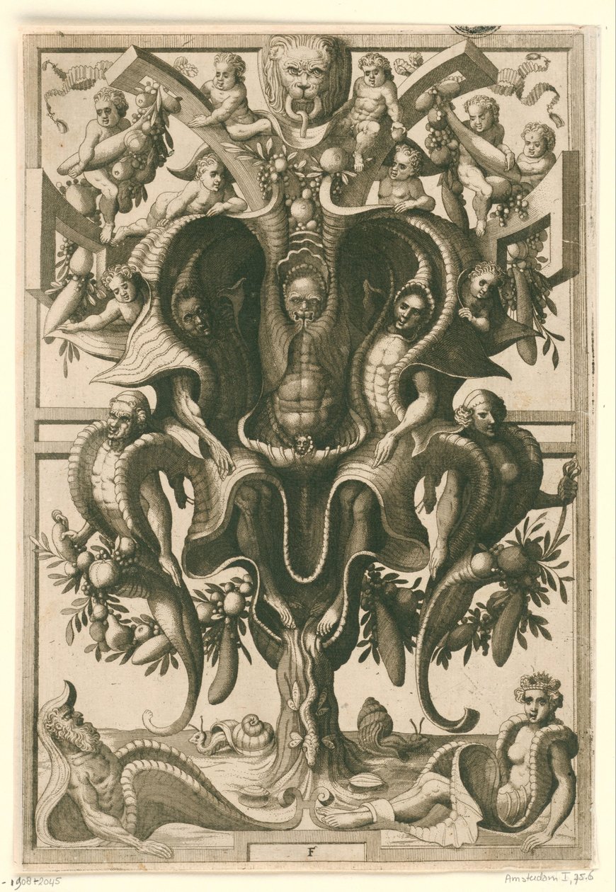 Ozdoba przypominająca muszlę, w której uwięzione są postacie. Veelderleij Wisselinghe van grotissen ende Compertimenten (...)Libro Primo (tytuł serii) autorstwa Johannes of Lucas van Doetechum
