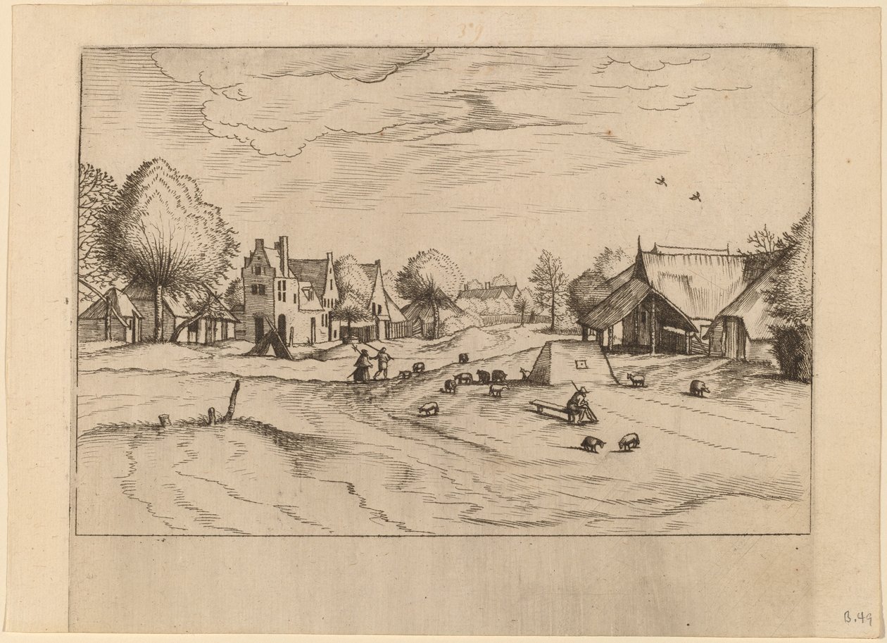 Wiejska wioska z owcami i siedzącym pasterzem autorstwa Johannes van Doetechum, the Elder and Lucas