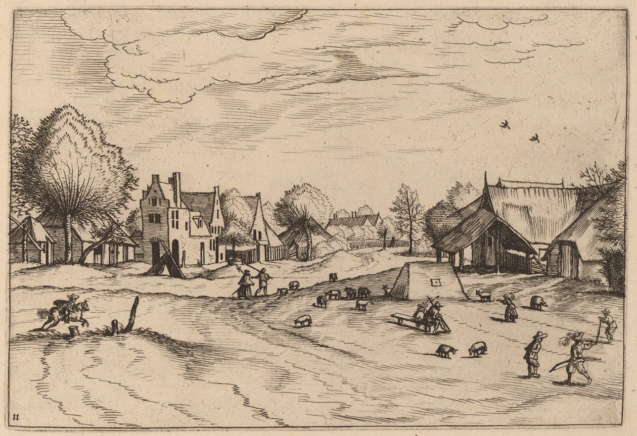 Wiejska wioska z owcami i siedzącym pasterzem autorstwa Johannes van Doetechum, the Elder and Lucas