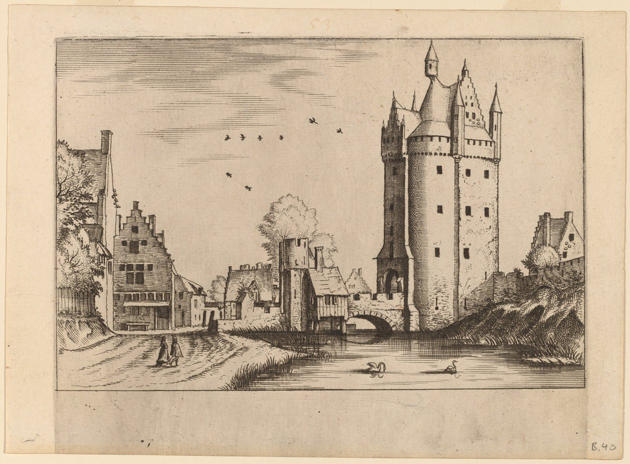 Brama miejska z wiejskimi domami autorstwa Johannes van Doetechum, the Elder and Lucas