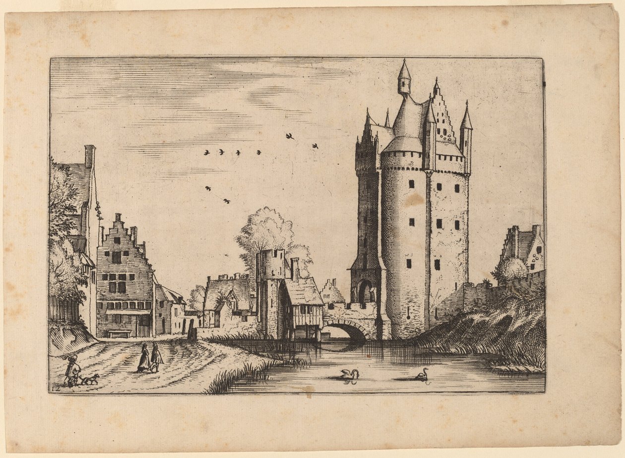 Brama miejska z wiejskimi domami autorstwa Johannes van Doetechum, the Elder and Lucas