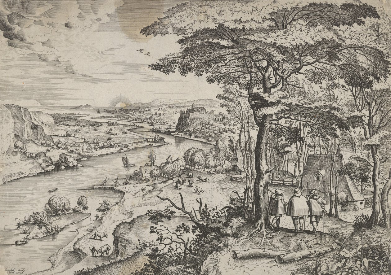 Idąc do Emaus Krajobraz z pielgrzymami w Emaus, ca. 1555-56. Twórcy: Johannes van Doetecum I, Lucas van Doetecum. autorstwa Johannes and Lucas van Doetecum