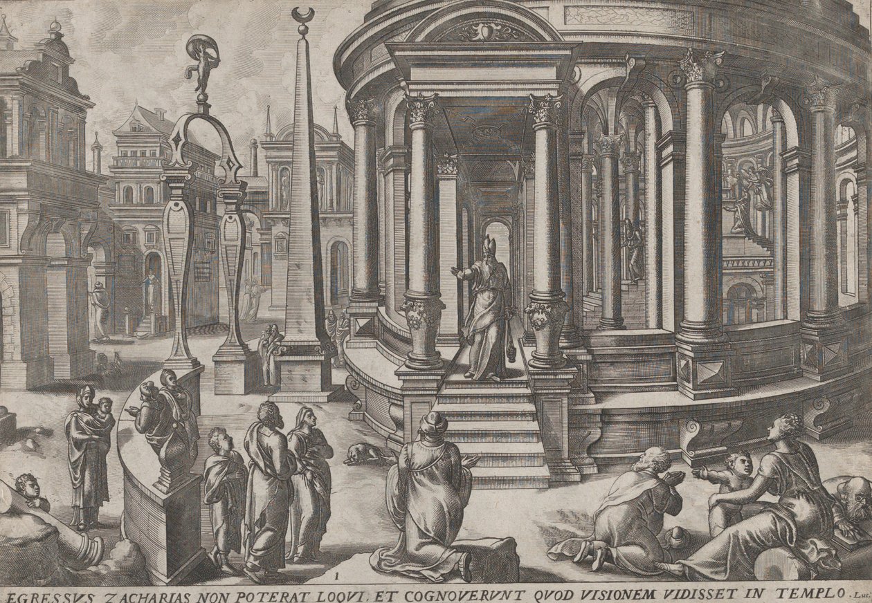 Zachariasz Wychodząc ze świątyni, z cyklu Wydarzenia w świątyni i wokół niej,..., ok. godz. 1572. Twórcy: Johannes van Doetecum I, Lucas van Doetecum. autorstwa Johannes and Lucas van Doetecum