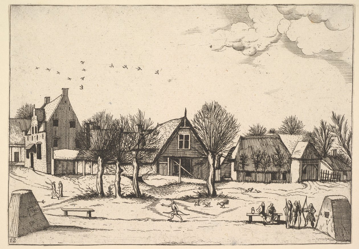 Wieś wiejska, na pierwszym planie łucznicy z Multifariarum casularum ruriumque linea..., 1559-61. autorstwa Johannes van Doetecum I