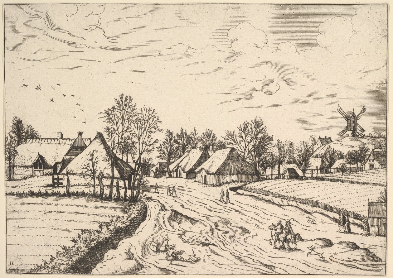 Wieś z młynem pocztowym z Multifariarum casularum curios features..., 1559-61. autorstwa Johannes van Doetecum I