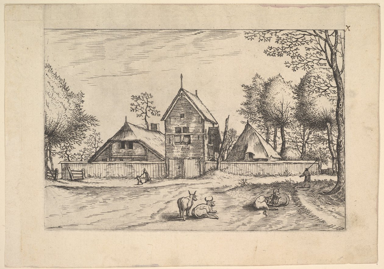 Gospodarstwo, krowy i pasterz na pierwszym planie z Praediorum villarum et rusticar..., ca. 1559-61. autorstwa Johannes van Doetecum I