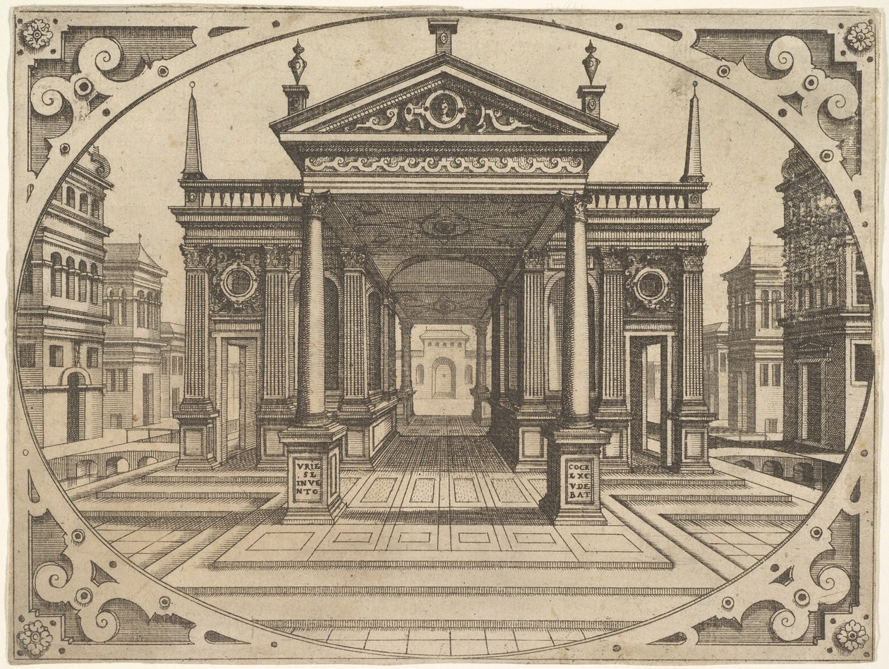 Talerz ze Scenografii..., ca. 1560. autorstwa Johannes van Doetecum I