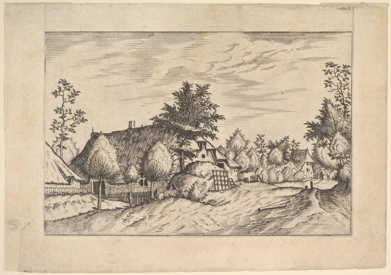 Village Street, siano ułożone przed gospodarstwem z Praediorum villarum et rusticar..., ca. 1559-61. autorstwa Johannes van Doetecum I