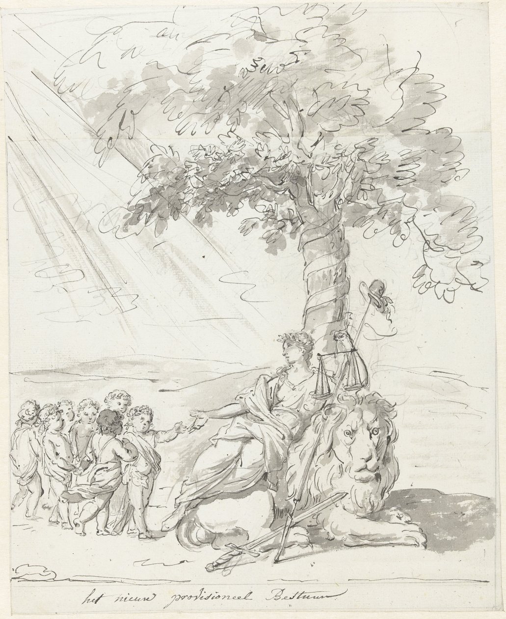 Ustanowienie Rządu Ludowego, dekoracja na Amstelveld, 1795 Nowa prowizoryczna Rada (tytuł na przedmiocie) autorstwa Johannes van Dregt (rejected attribution)