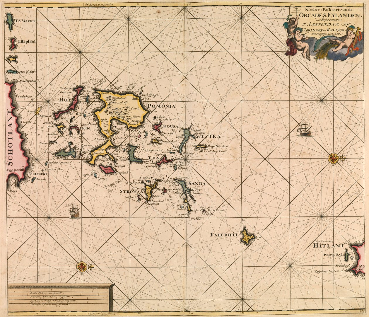 Mapa Orcades Eylande (Orkady) z "Wielkiego i nowo powiększonego atlasu morskiego" van Keulena autorstwa Johannes van Keulen