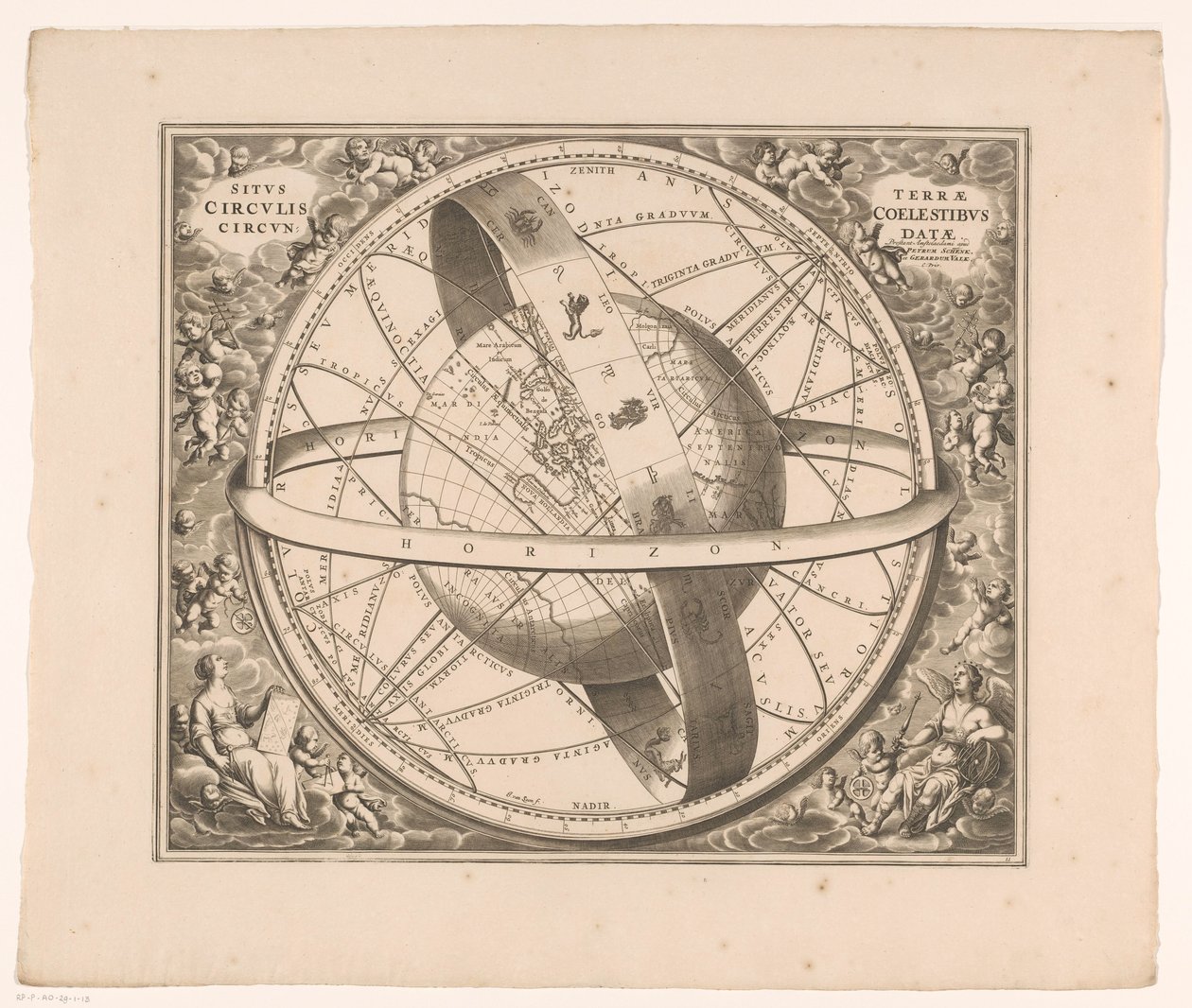 Hemelkaart van de aarde volgens het stelsel van Ptolemaeus Położenie ziemi otoczonej niebiańskimi kręgami (tytuł na obiekcie) autorstwa Johannes van Loon