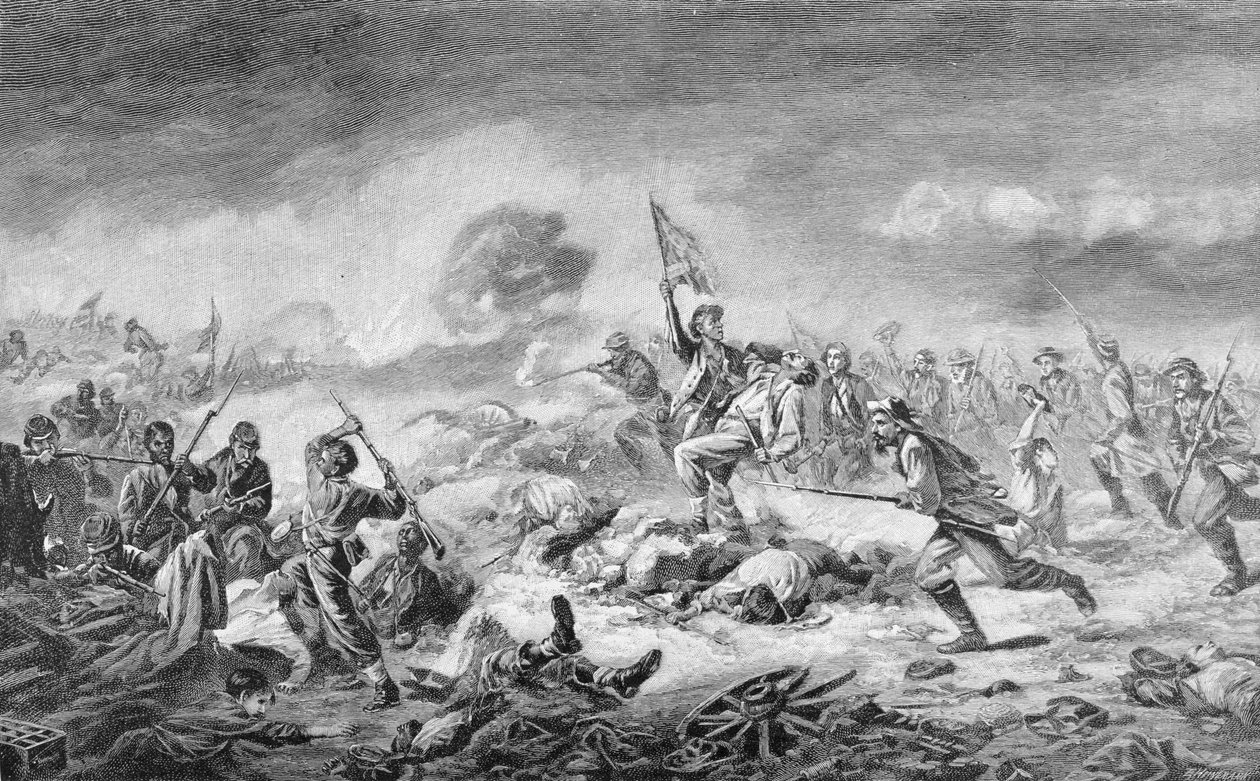 Bitwa o krater, grawerowana przez Ernsta Heinemanna (1848-1912), ilustracja z „Battles and Leaders of the Civil War”, pod redakcją Roberta Underwooda Johnsona i Clarence Clough Buela autorstwa John Adams Elder