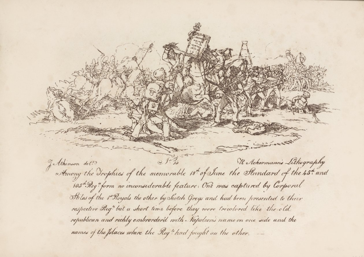Kapral Stiles z 1. Royals i Scotchy Greys zdobywający sztandary 45. i 105. pułków w bitwie pod Waterloo, 18 czerwca 1815, litografia R. Ackermanna, 1815 autorstwa John Augustus Atkinson