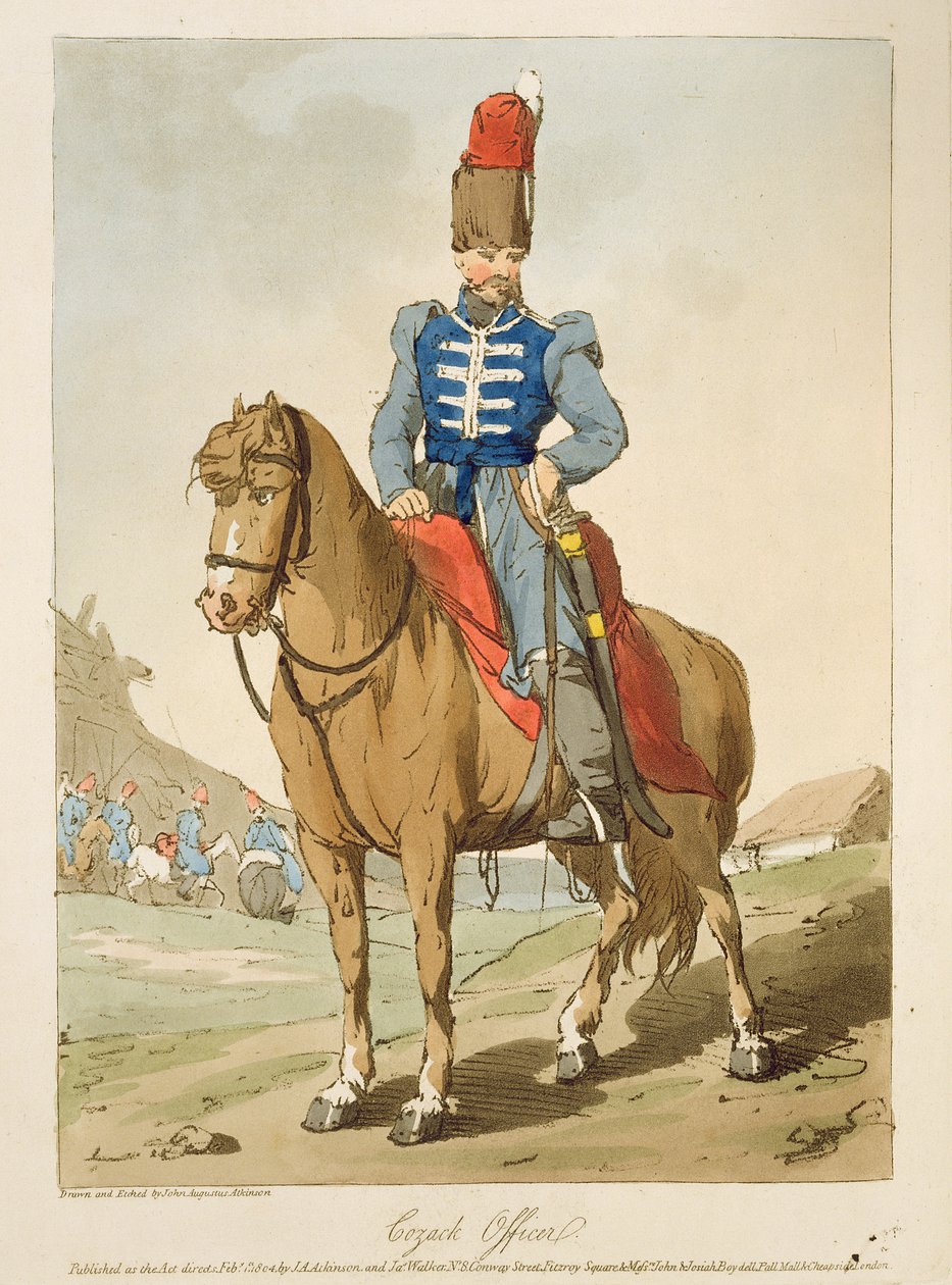 Oficer kozacki, sztychowany przez artystę, wydany 1804 autorstwa John Augustus Atkinson