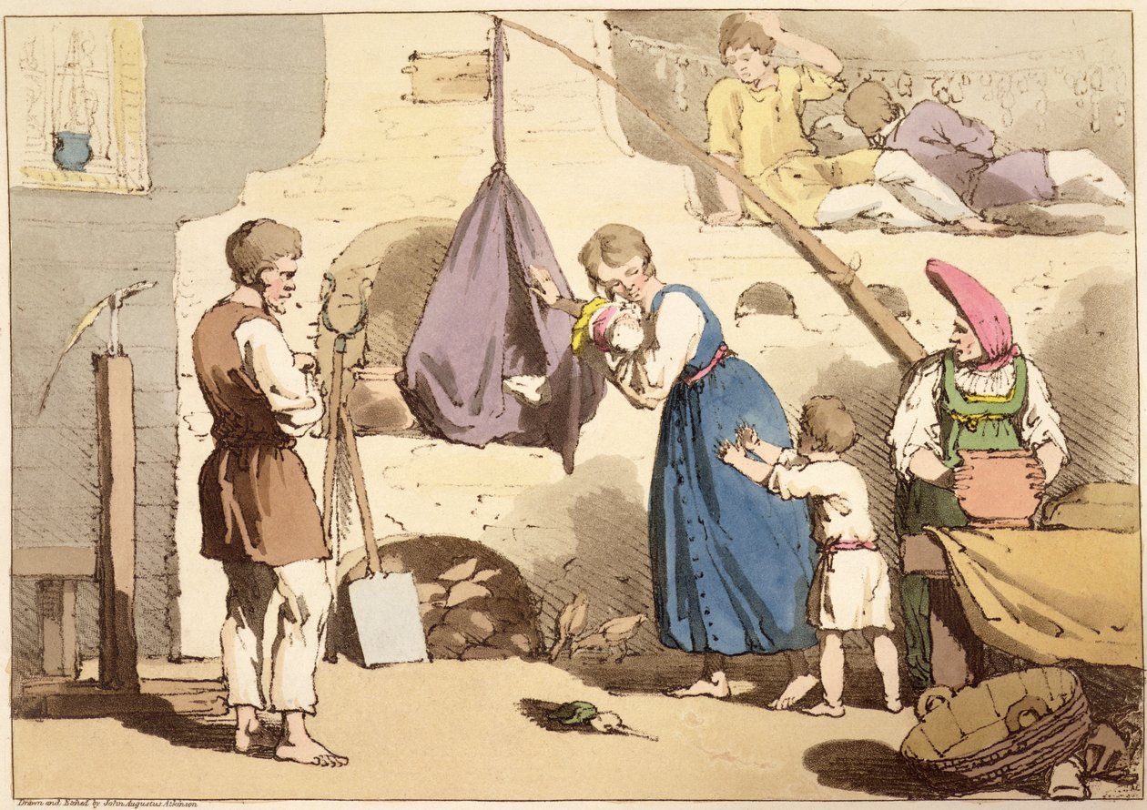 Isba, sztychowana przez artystę, wydana 1803 autorstwa John Augustus Atkinson