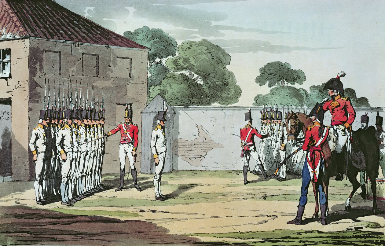 Wiercenie żołnierzy, 1807 (kolorowa akwaforta) autorstwa John Augustus Atkinson