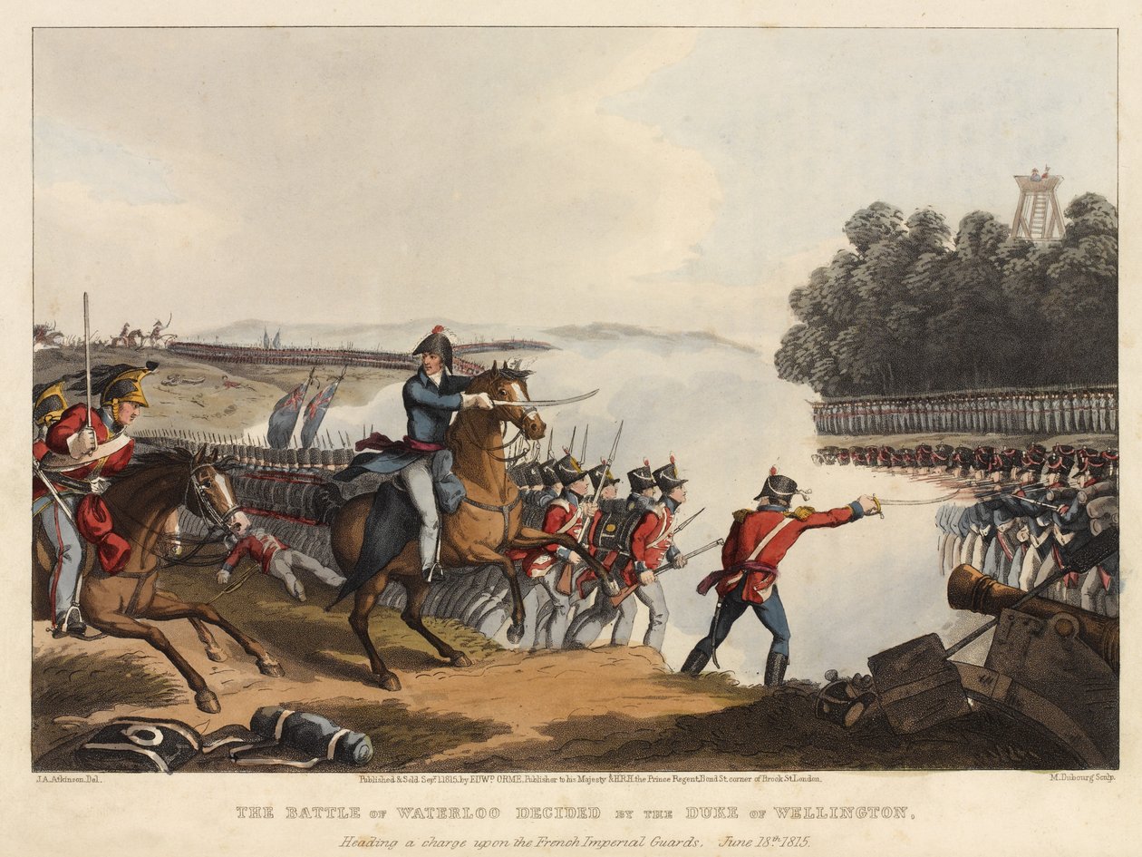 Bitwa pod Waterloo rozstrzygnięta przez księcia Wellington, kierującego szarżą na francuską gwardię cesarską, 18 czerwca 1815, ryty przez M. Dubourga, 1819 (kolorowa akwatinta) autorstwa John Augustus Atkinson