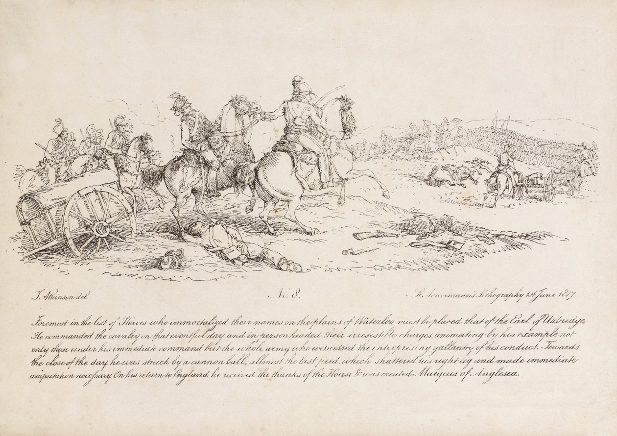 Hrabia Uxbridge dowodzący szarżą kawalerii w bitwie pod Waterloo, jego prawa noga została właśnie trafiona kulą armatnią, litografia R. Ackermanna, 1815 autorstwa John Augustus Atkinson