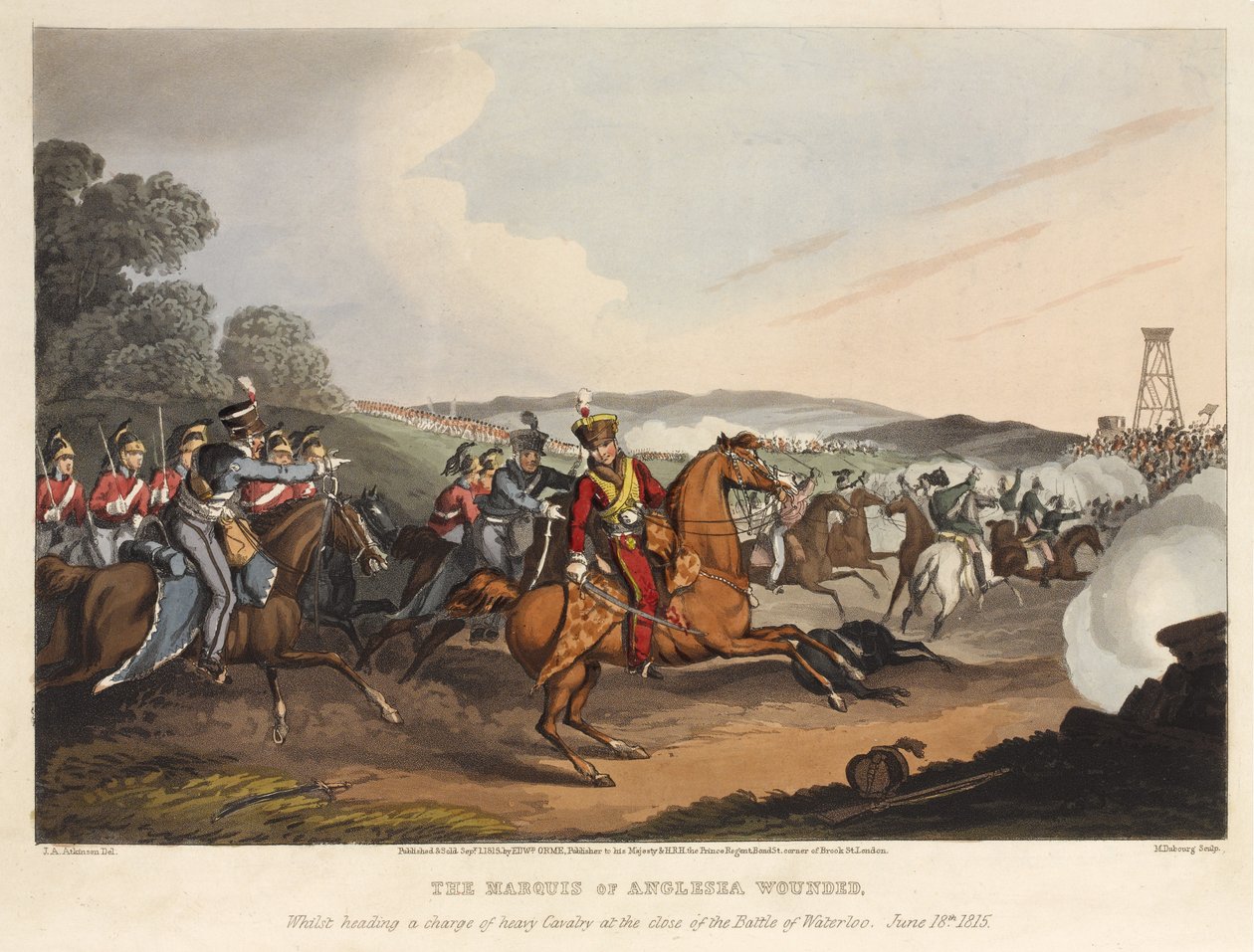 Markiz Anglesea [sic] ranny, kierując szarżą ciężkiej kawalerii pod koniec bitwy pod Waterloo, 18 czerwca 1815, ryty przez M. Dubourga, 1819 (kolorowa akwatinta) autorstwa John Augustus Atkinson
