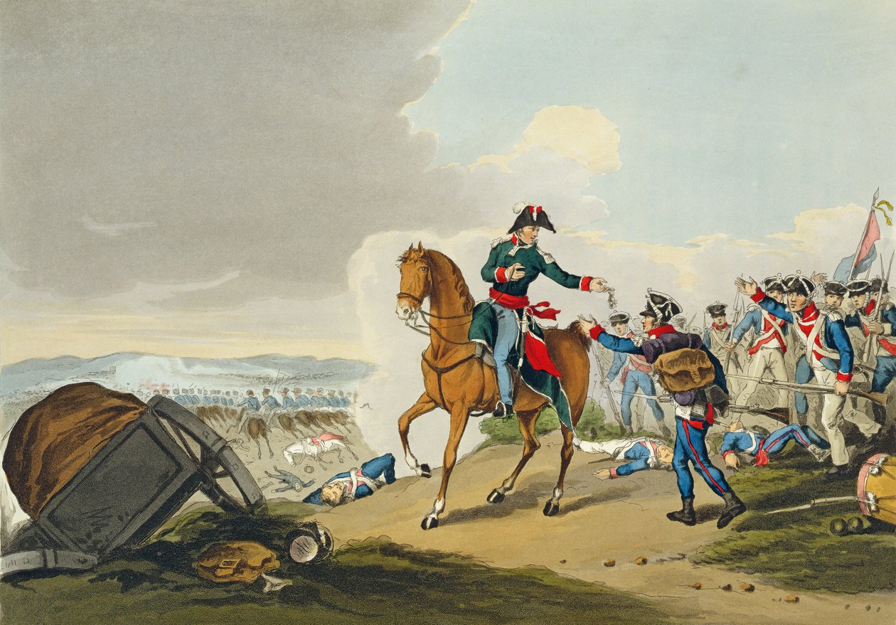 Książę Orański w bitwie pod Waterloo, rycina autorstwa Matthew Dubourga (1813-20) z "Historic, Military and Naval Anecdotes", wyd. przez Edwarda Orme