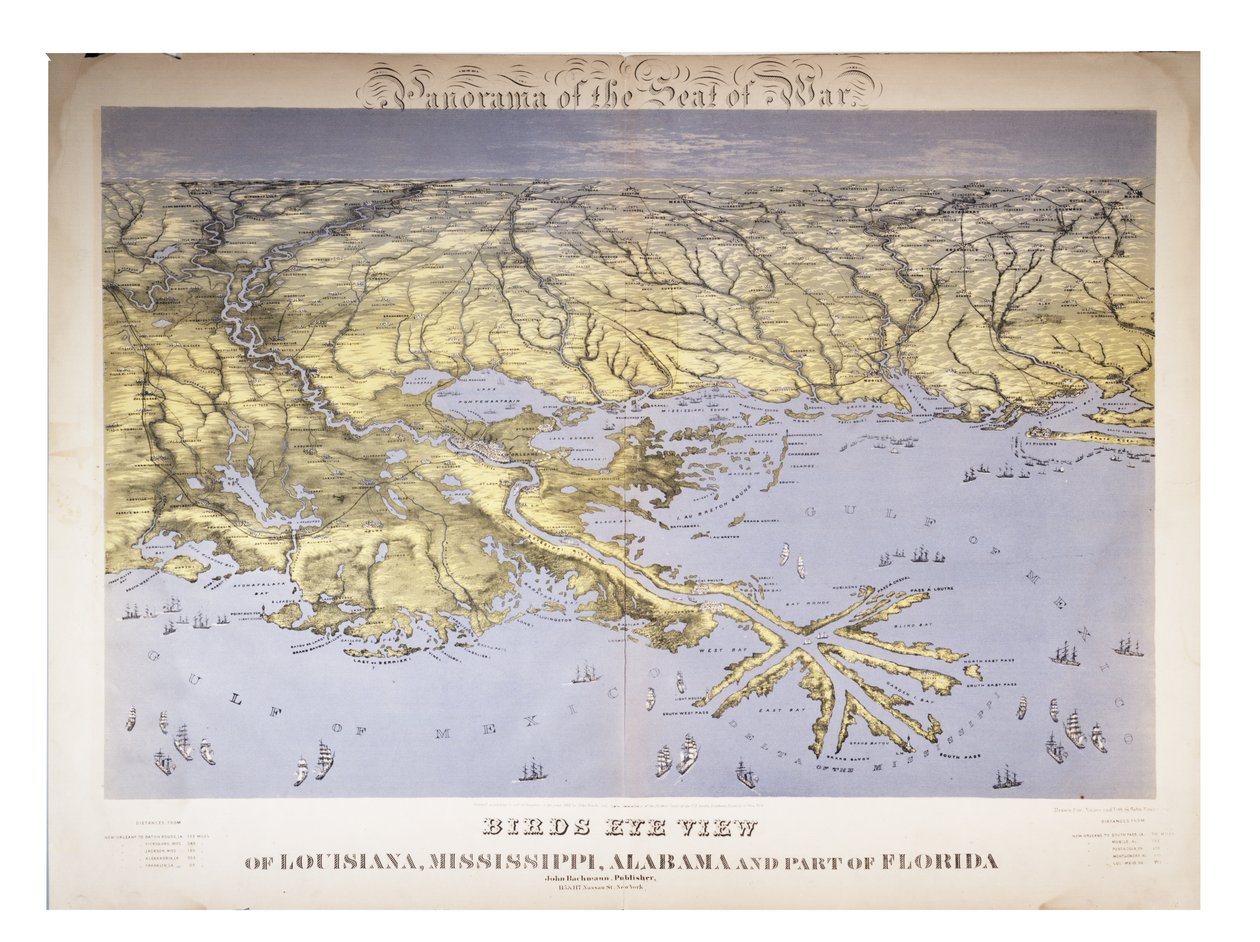 Panorama Seat of War: Birds Eye View Of Louisiana, Mississippi, Alabama And Part of Florida, 1861 autorstwa John Bachmann