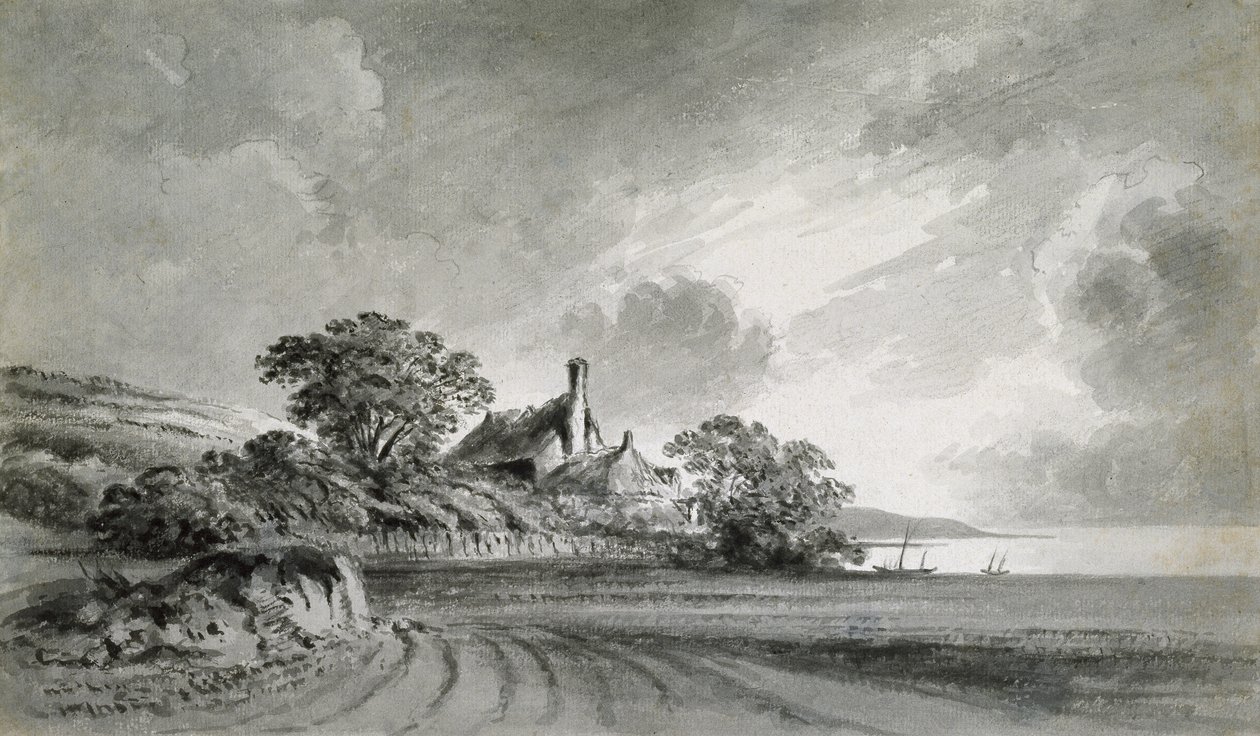 Domek nad brzegiem jeziora (szary rozmyty nad grafitem) autorstwa John Baptist Malchair
