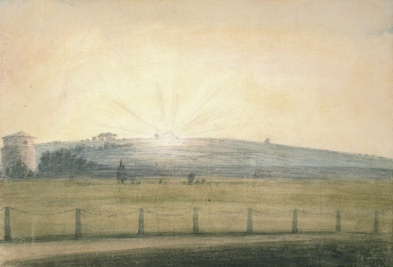 Zachodzące słońce widziane z obserwatorium w Oksfordzie, 20 grudnia 1784 (akwarela, grafit, na papierze) autorstwa John Baptist Malchair