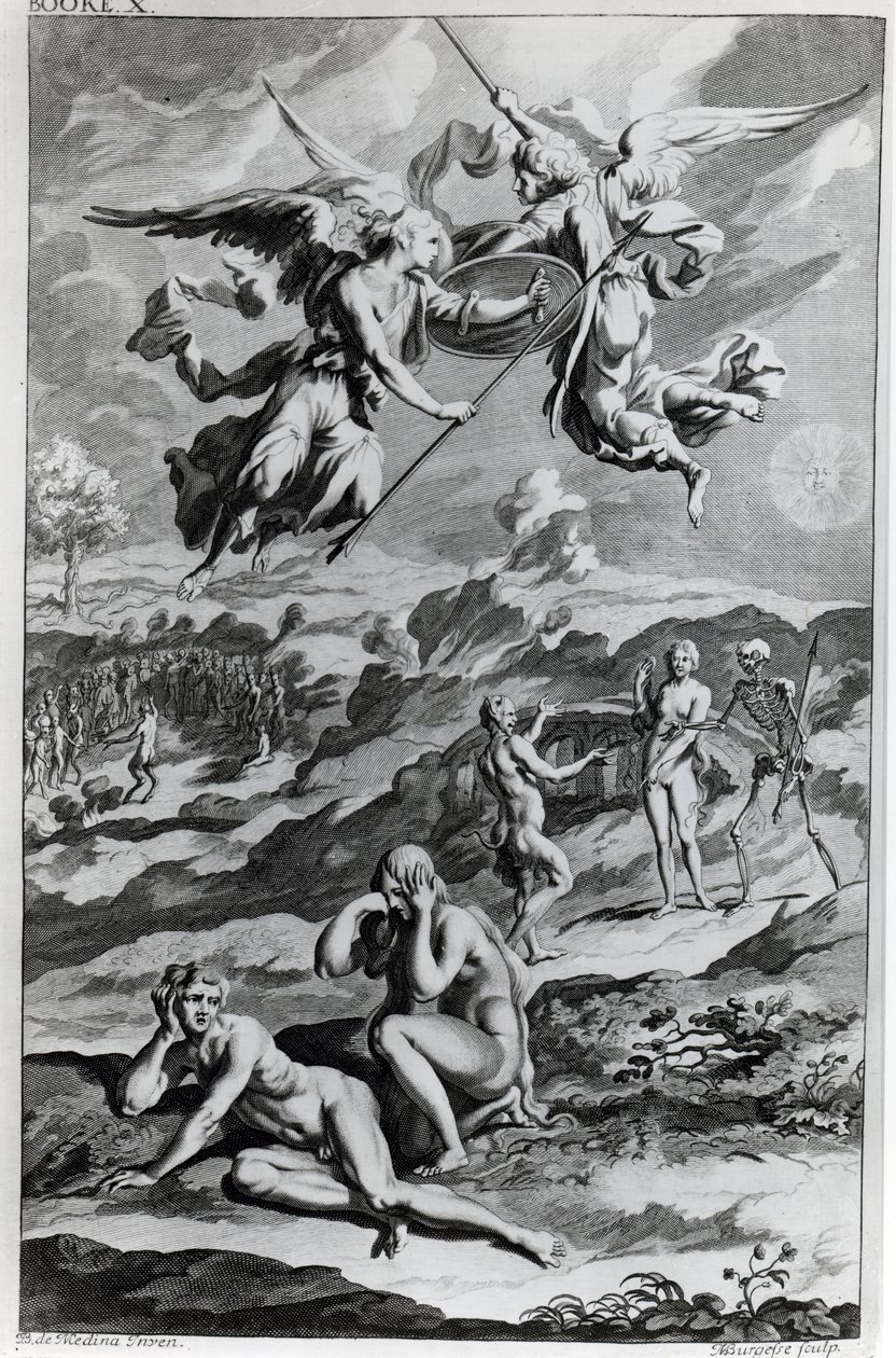 Adam i Ewa po upadku, ilustracja z „Raju utraconego” Johna Miltona, sztychowana przez Michaela Burghersa, wydanie szóste 1695 autorstwa John Baptist de Medina