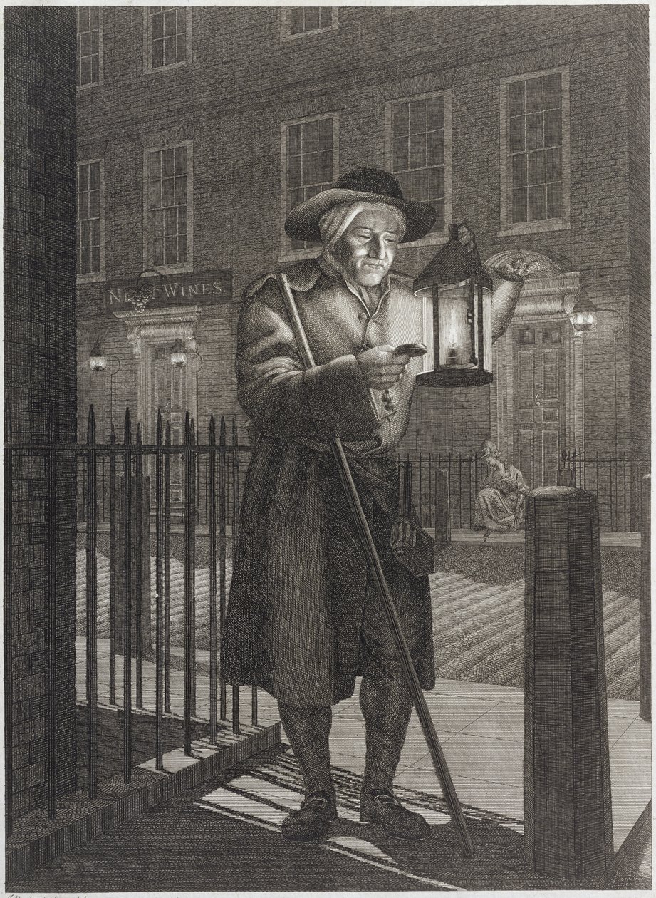 Londyński strażnik z latarnią przy świetle księżyca, 1776 autorstwa John Bogle