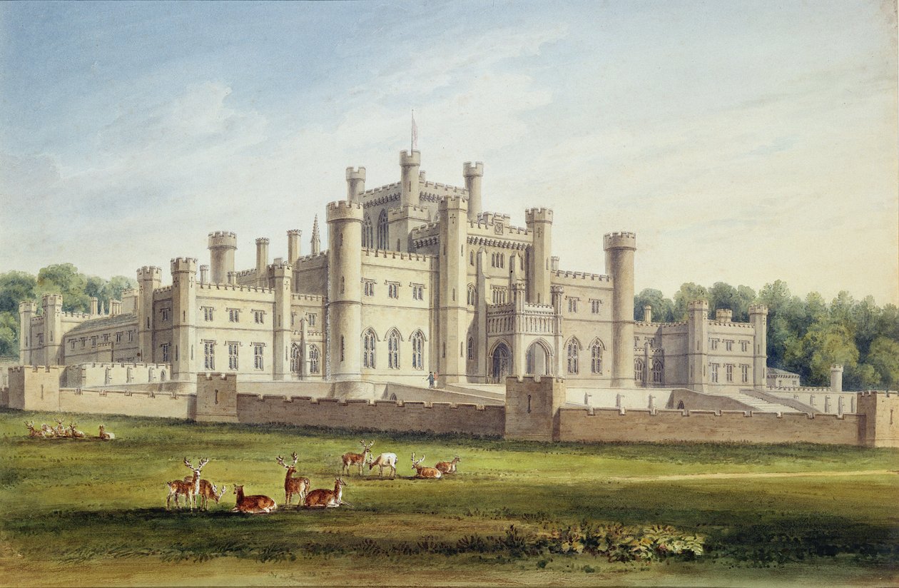North East Widok zamku Lowther, Westmoreland, siedziba hrabiego Lonsdale, 1814 autorstwa John Chessell Buckler