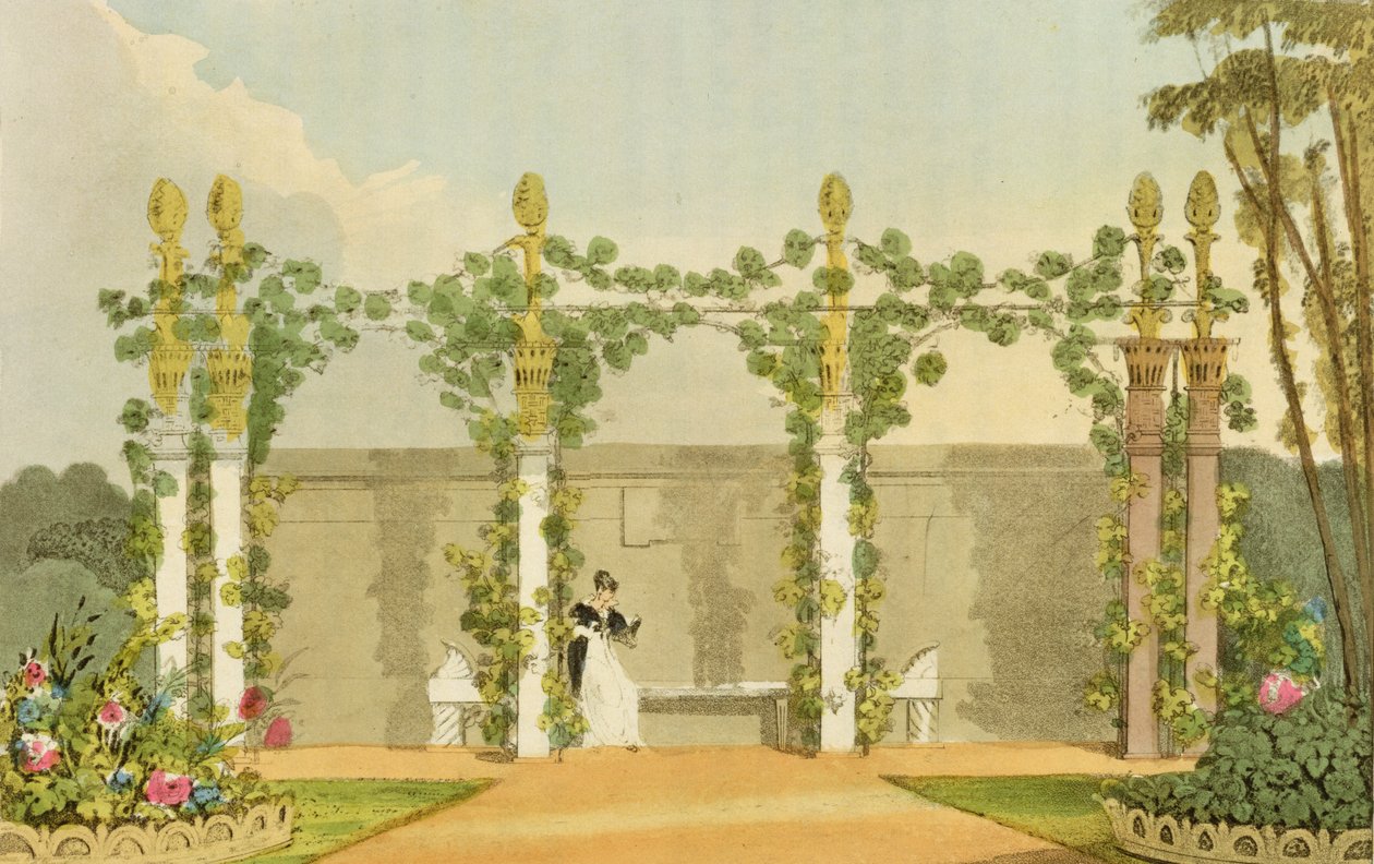 Siedzisko ogrodowe, z "Repozytorium sztuki" Ackermanna, opublikowane w 1822 r. autorstwa John Buonarotti Papworth