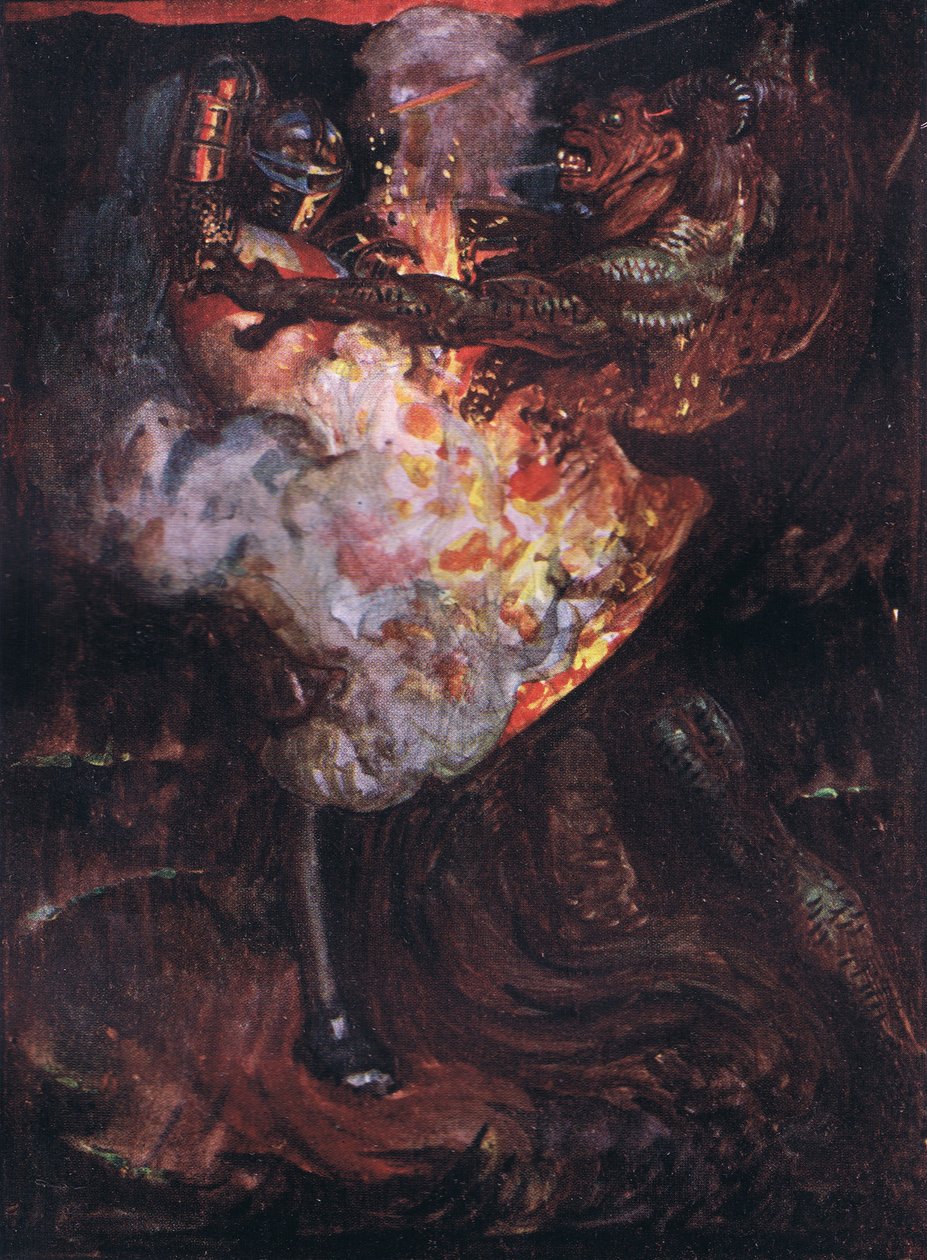 Chrześcijanin walczy z Apollyonem autorstwa John Byam Liston Shaw