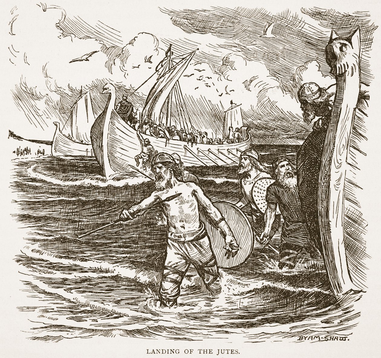 Lądowanie jutów na wyspie Thanet, Kent, Anglia, 449 r., ilustracja z „Kościoła anglikańskiego: historia dla ludu” autorstwa H.D.M. Spence-Jones, wyd. ok. 1910 (zdjęcie w sepii) autorstwa John Byam Liston Shaw