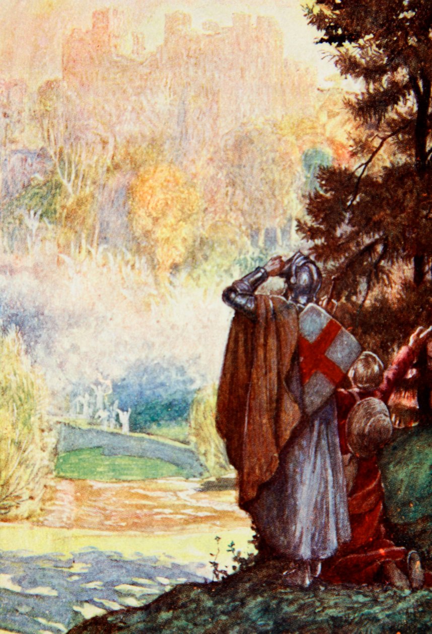 Byli w zasięgu wzroku miasta, do którego się udali, ilustracja z „Wędrówki pielgrzyma” Johna Bunyana, opowiedziana przez Mary Macgregor, opublikowana przez T.C. i EC Jack, 1907 autorstwa John Byam Liston Shaw