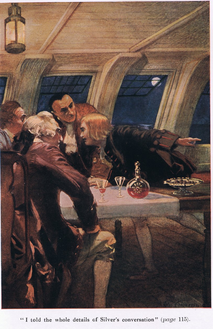 Opowiedziałem im o rozmowie Silvera, ilustracja z „Wyspy skarbów” Roberta Louisa Stevensona autorstwa John Cameron