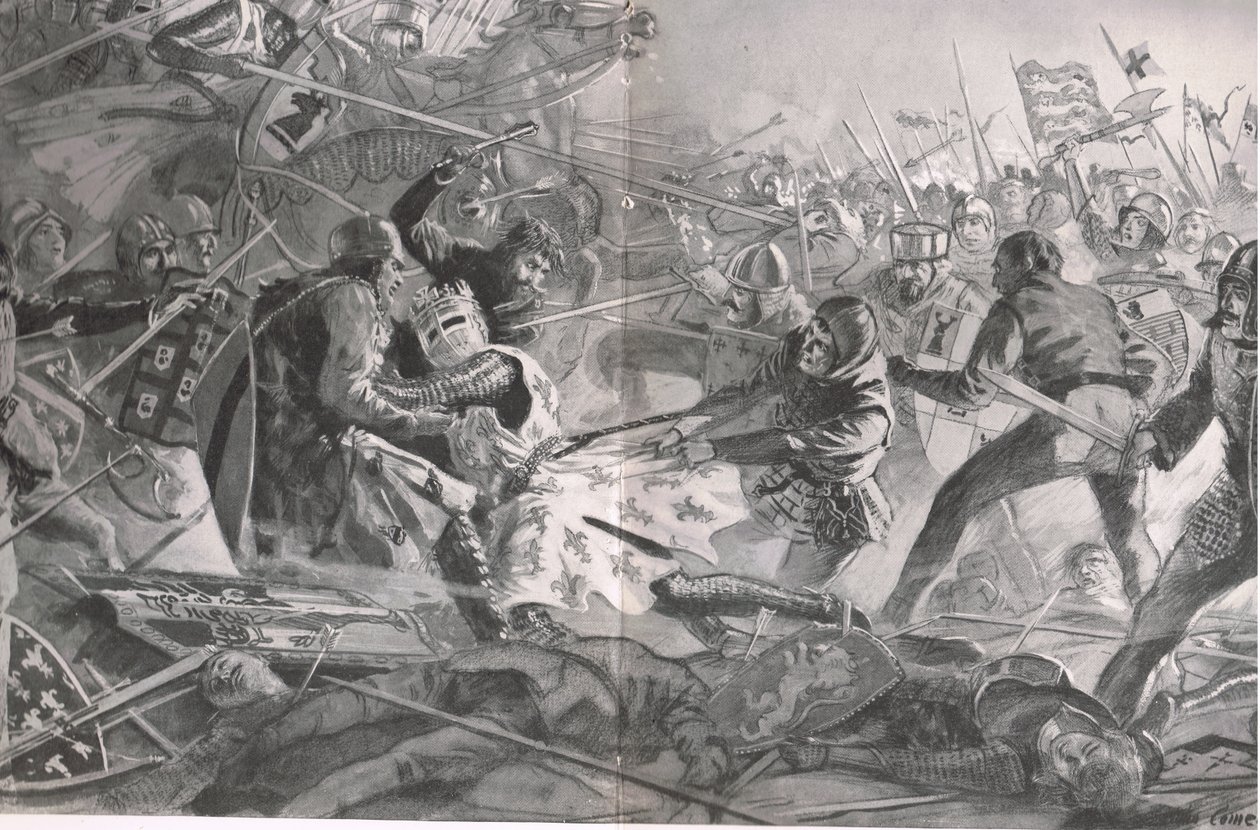 Filip szarżował raz po raz, aż został ściągnięty z konia przez angielską piechotę, ilustracja z "British Battles on Land and Sea", wyd. Cassell, Londyn, ok. 1910 r. autorstwa John Cameron