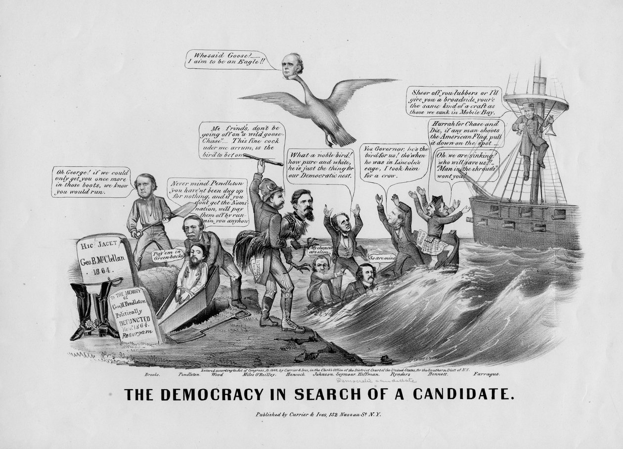 Demokracja w poszukiwaniu kandydata, wyd. Currier und Ives, Nowy Jork, 1868 autorstwa John Cameron