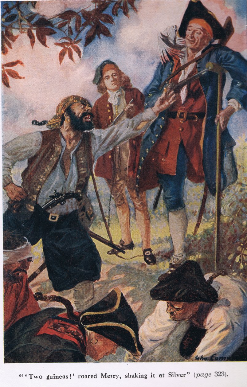Dwie gwinee krzyknął Merry, potrząsając nimi w stronę Silvera, ilustracja z "Wyspy Skarbów" Roberta Louisa Stevensona autorstwa John Cameron
