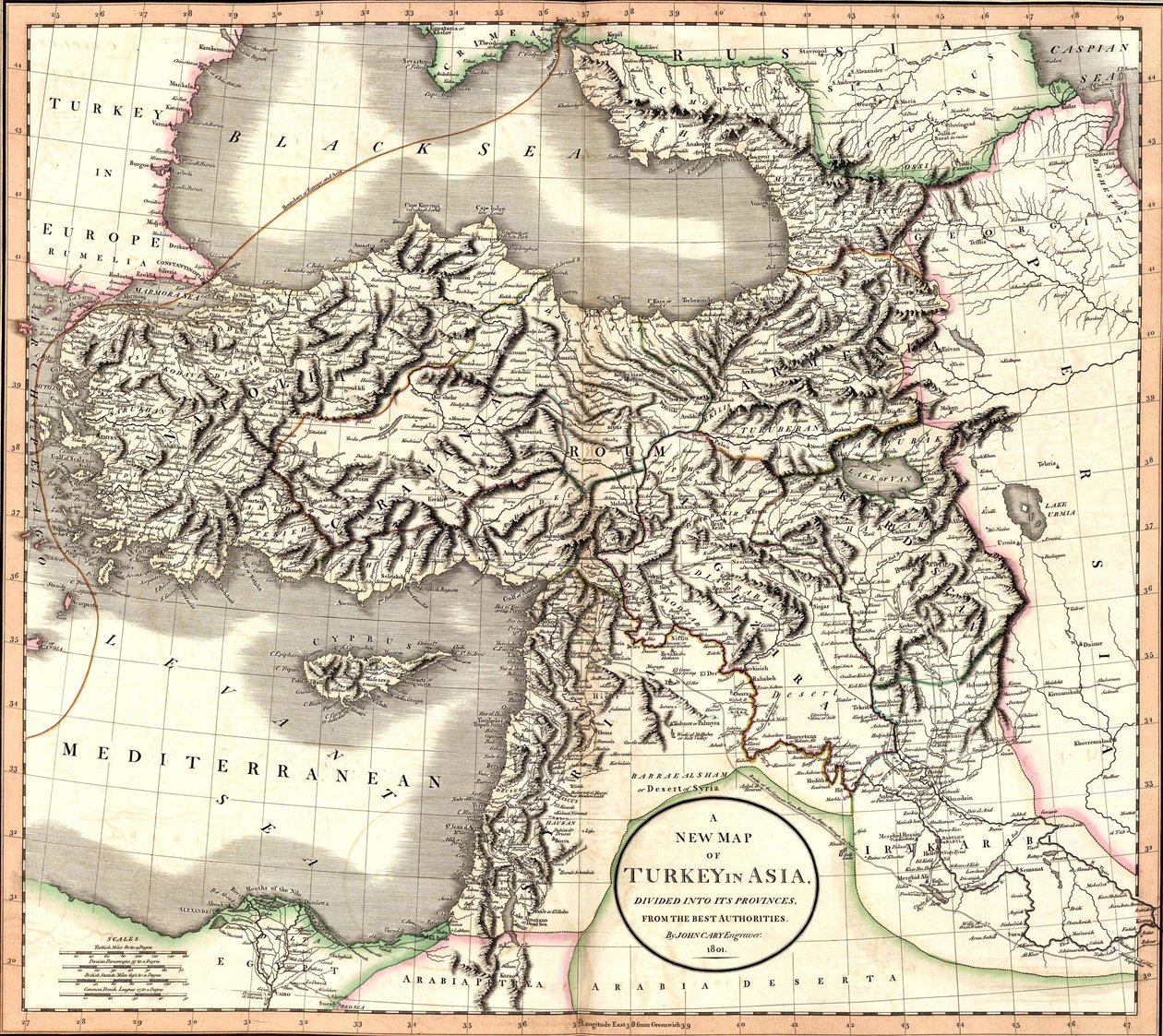 Nowa mapa Turcji w Azji, podzielona na jej prowincje, od najlepszych autorytetów. autorstwa John Cary