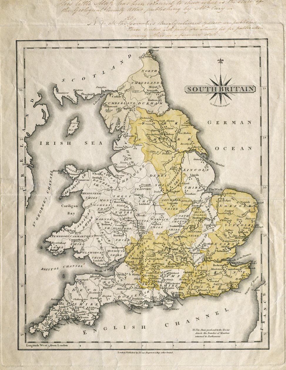 Mapa południowej Wielkiej Brytanii, pokolorowana, aby pokazać interesujące obszary geologiczne, z adnotacjami Williama Smitha (1769-1839) autorstwa John Cary