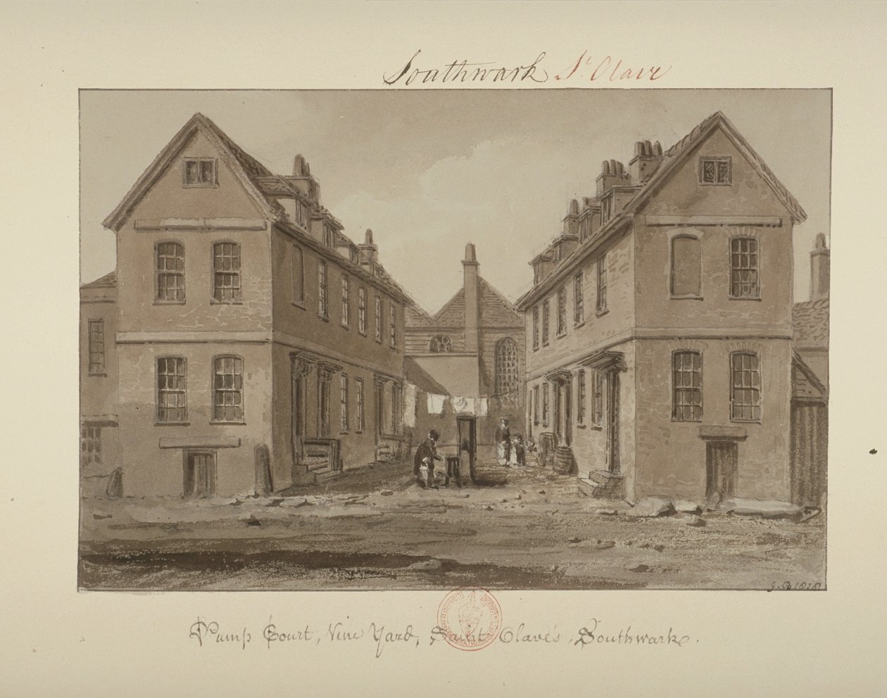 Widok postaci zbierającej wodę w Pump Court, Vine Yard, Bermondsey, 1828 (pranie na papierze) autorstwa John Chessell Buckler
