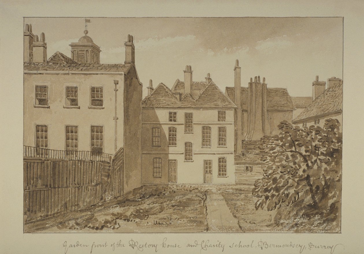 Widok na plebanię i szkołę charytatywną św. Marii Magdaleny, Bermondsey, 1828 (pranie na papierze) autorstwa John Chessell Buckler