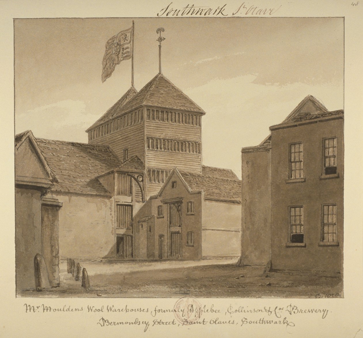 Widok magazynów wełny na Bermondsey Street, 1828 (pranie na papierze) autorstwa John Chessell Buckler