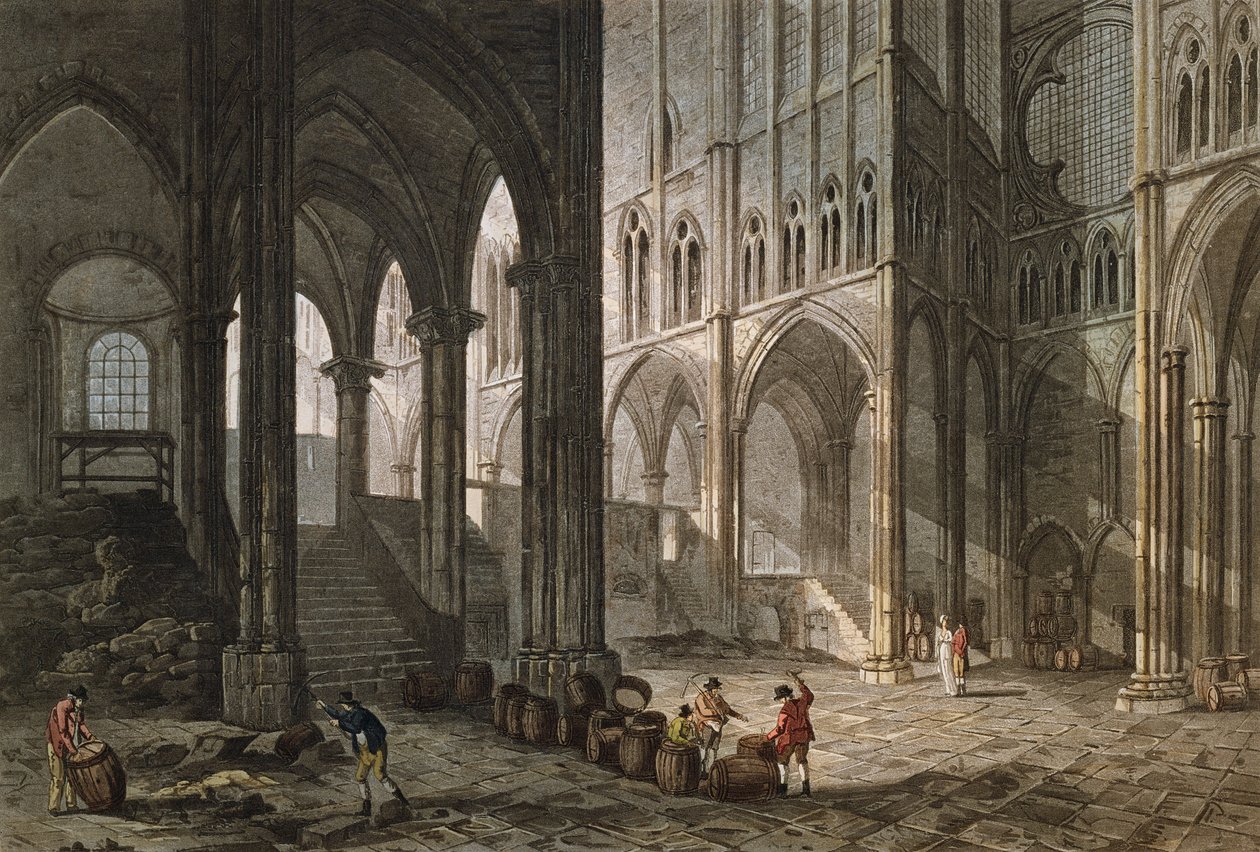 Kupiec sprzedający wino wewnątrz bazyliki Saint-Denis, 1809 (rycina kolorowa) autorstwa John Claude Nattes