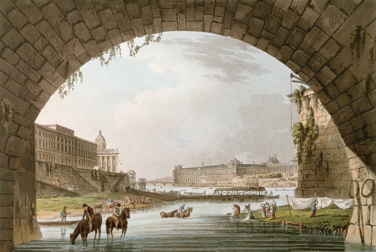 Panorama Sekwany widziana spod mostu Pont Neuf w kierunku zachodnim w kierunku Luwru, La Monnaie i College de Quatre Nations, ilustracja do „Wersalu, Paryża i Saint-Denis” przy ul. autorstwa John Claude Nattes