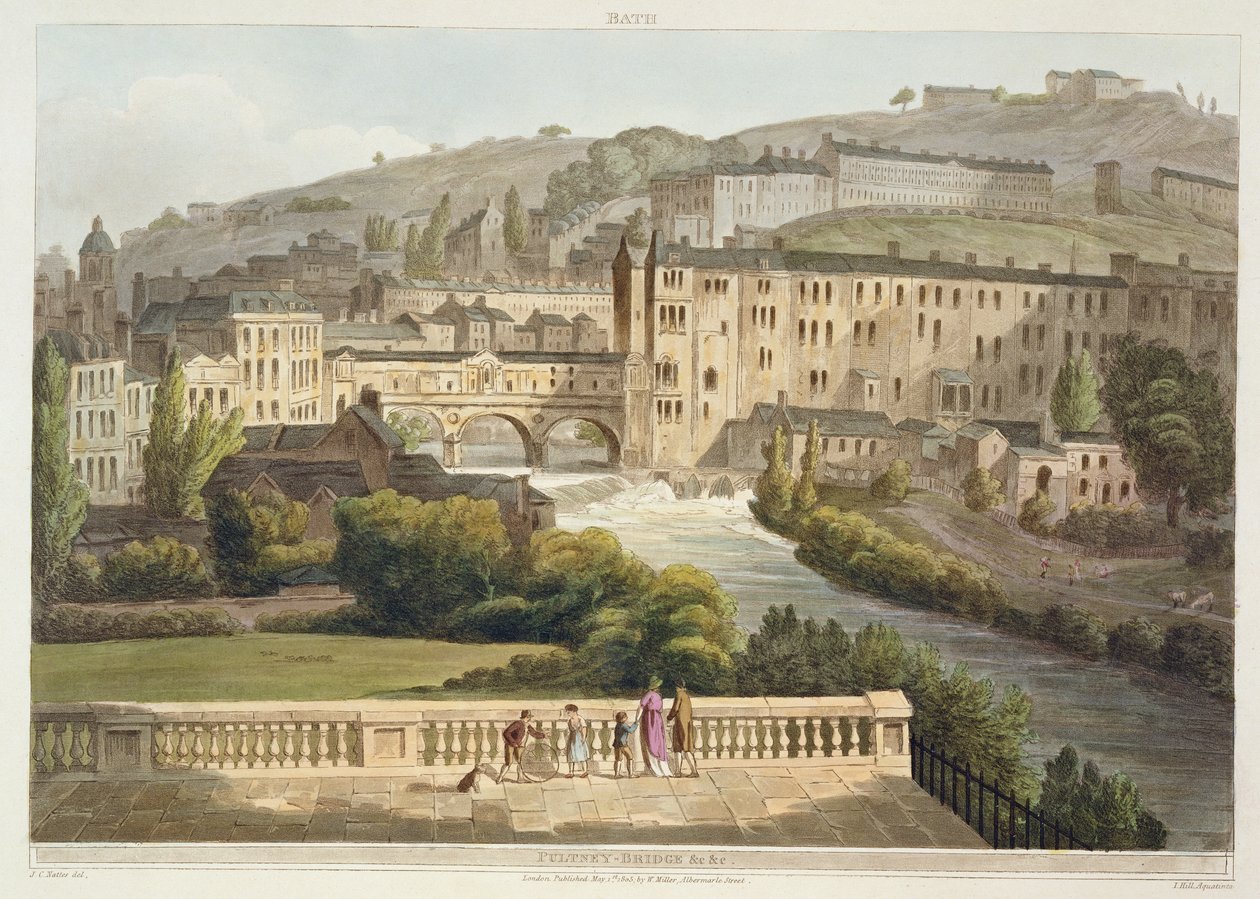 Most Pulteney, z „Bath Illustrated by a Series of Views”, ryty przez Johna Hilla (1770-1850) wyd. przez Williama Millera, 1805 (akwatinta) autorstwa John Claude Nattes