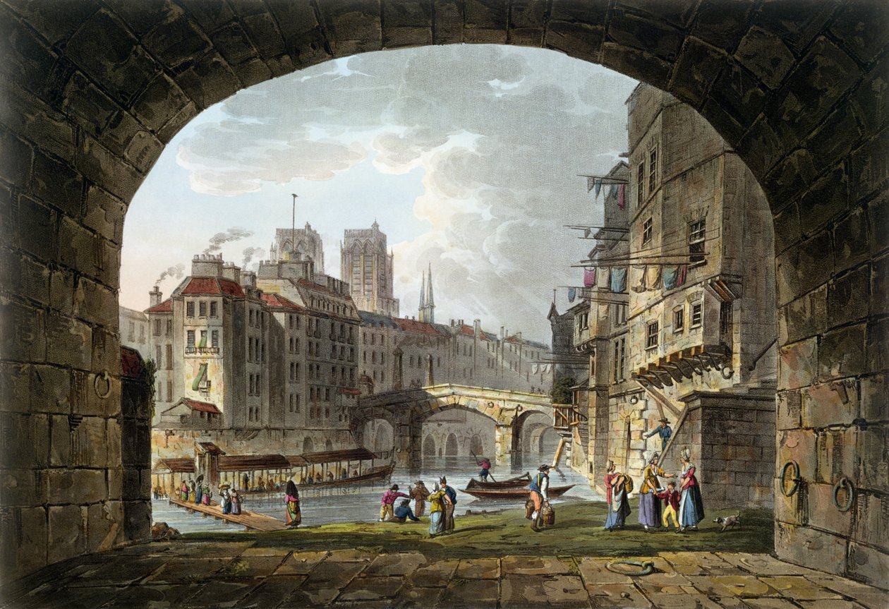 Widok na Pont du Chatelet i katedrę Notre-Dame, 1810 r. autorstwa John Claude Nattes